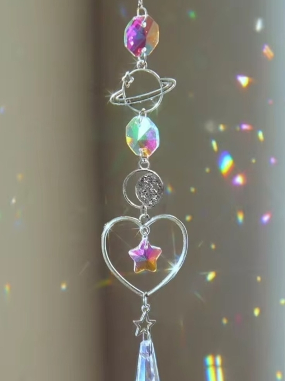 NWOT- Crystal Heart & Star Hanging Charm - Iridescent Pink Accent.